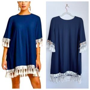 NWT Mestiza New York Shimmy Shimmy Tassel Dress in Navy Blue & Silver Size Small